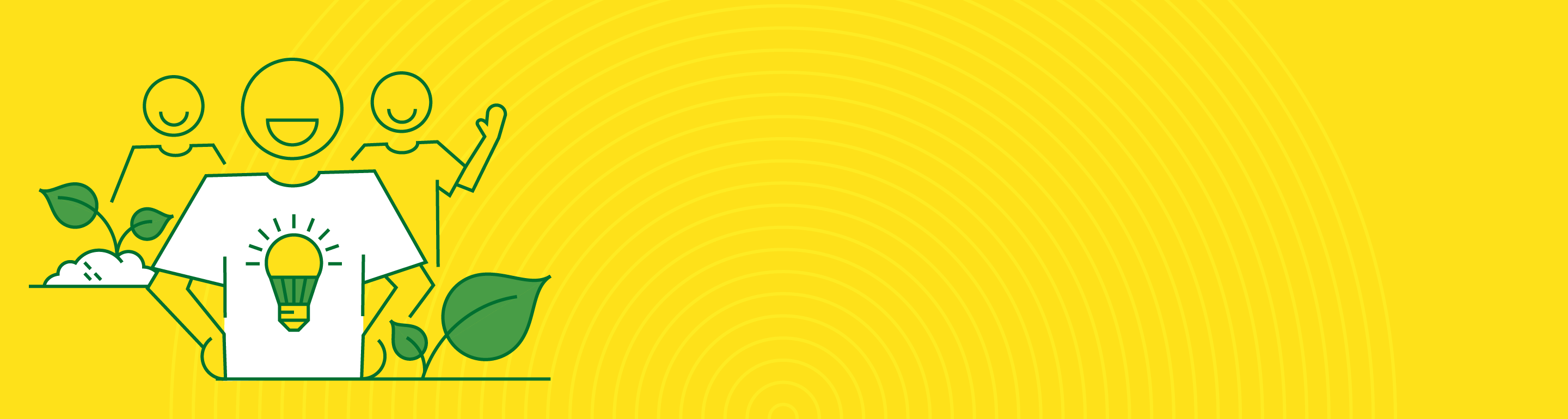 drawing of three people, seedlings, shrt with lightbulb