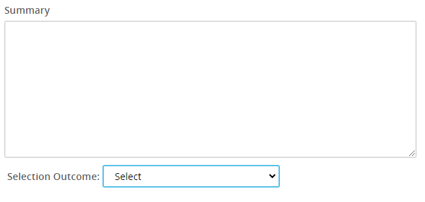 Summary and selection outcome fields from the search committee view in MyTrack