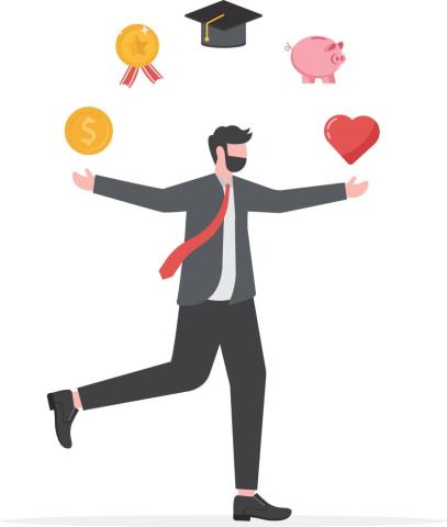 man in red tie juggling images of benefits and perks