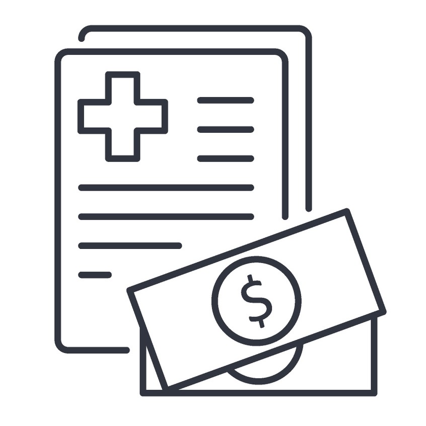 drawing of a piece of paper with a medical symbol, lines, and a dollar sign