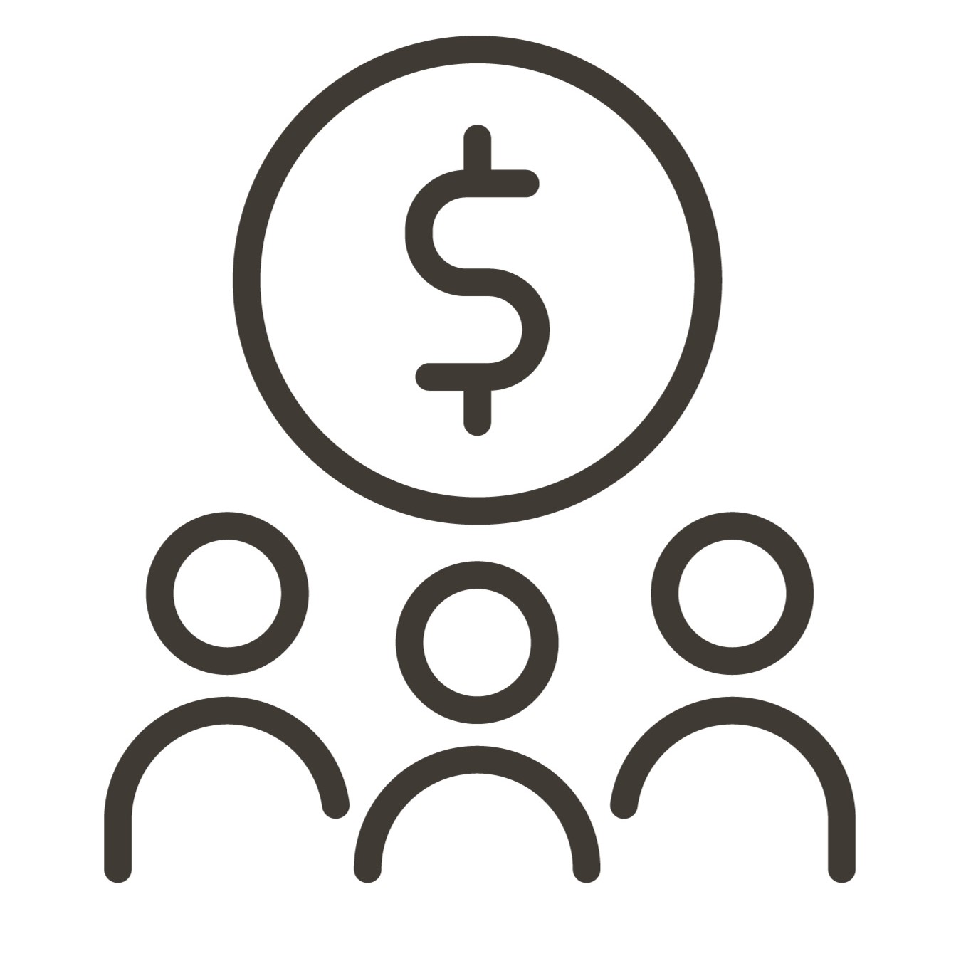a dollar sign with a circle around it above the outline of three people