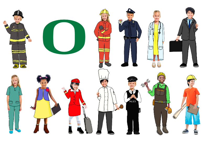 images of children dressed up in various outfits by occupation with the UO logo