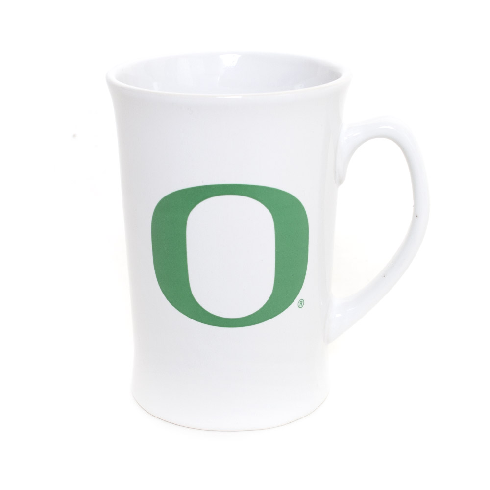 white coffee mug with a green UO logo