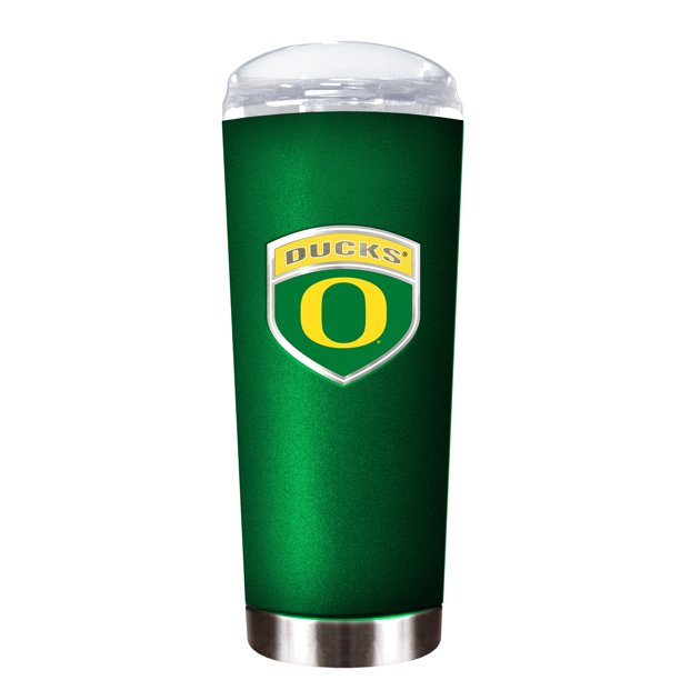 metallic green drinking tumbler with lid and UO logo printed on its side