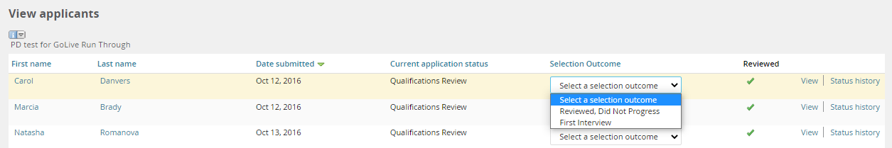 A sample of the available selection outcome options for a candidate in 'qualifications review' status.