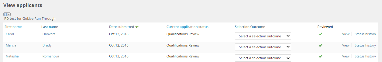 The View Applicants listing after candidates have been moved from 'new' to 'qualifications review' status.