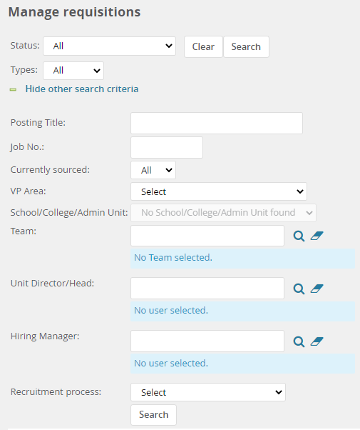 Search fields available from the MyTrack manage requisitions dashboard.