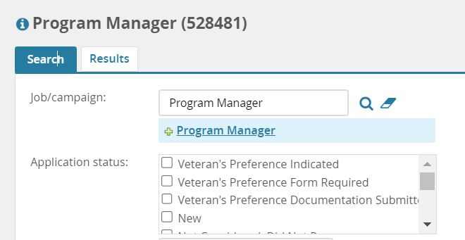 Search tab view from the manage applicants menu in MyTrack