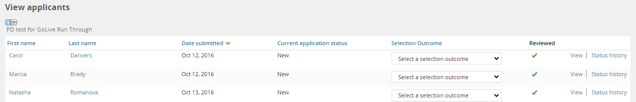 The View Applications screen from the MyTrack recruitment module
